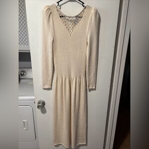 Vintage Pat Sandler for Wellmore Cream Rhinestone Knit Sweater Dress Stretch S M